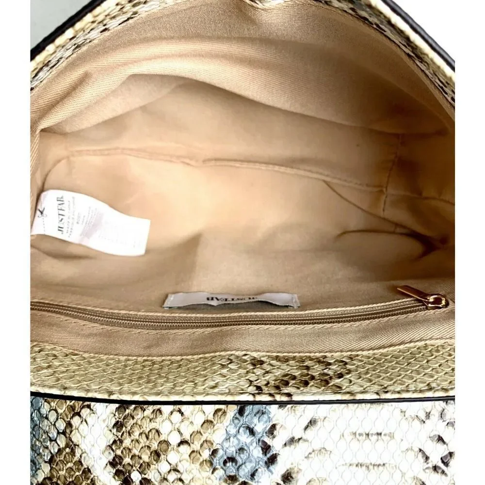 NEW JustFab GRAY BEIGE SNAKE PRINT VEGAN LEATHER MEDIUM FLAP SHOULDER BAG PURSE